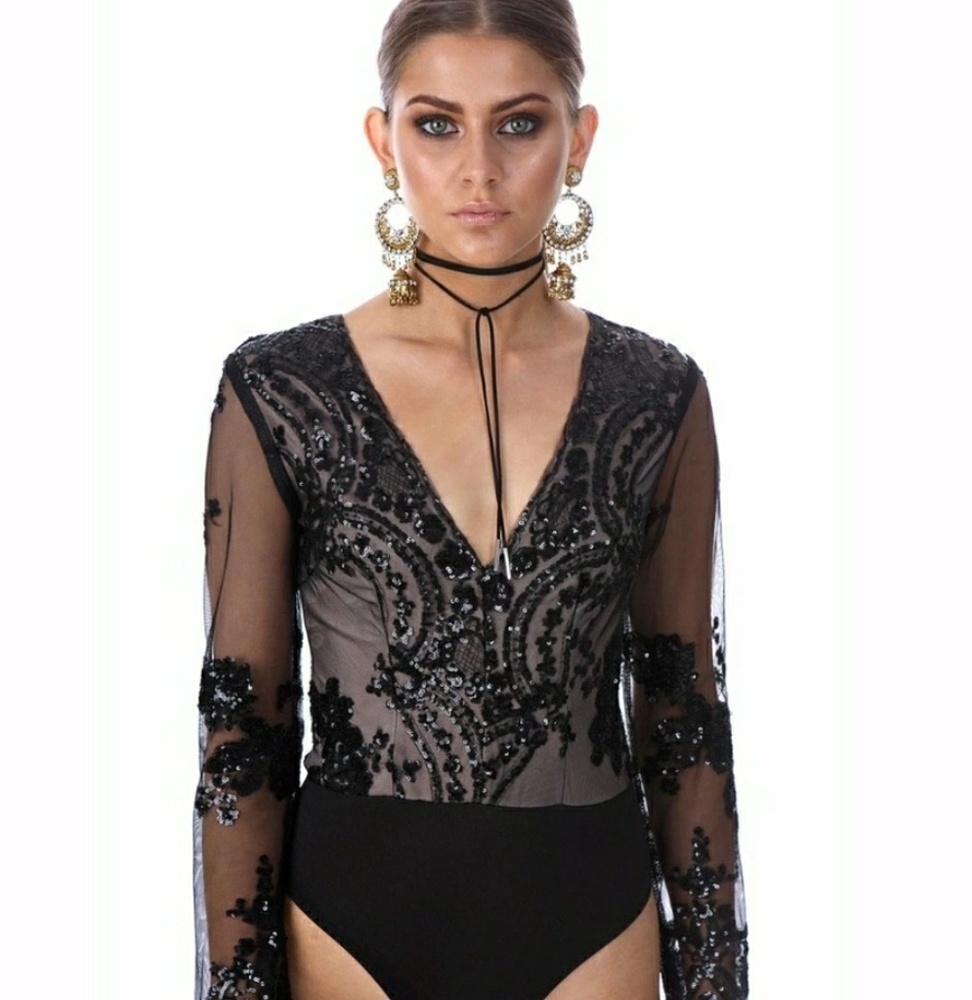 Gorgeous Sophisticated Black Sequins Bodysuit NEW